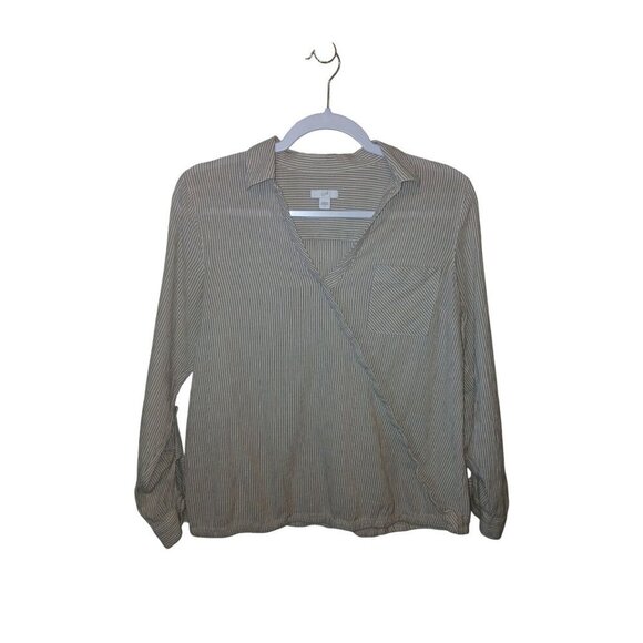 J.JILL Faux Front Wrap Women’s Top Tan/White Striped Texture Roll Tab Size Small - Picture 1 of 10
